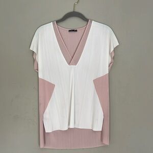 Zara Collection Two Tone V-neck pink/white ribbed blouse SZ S